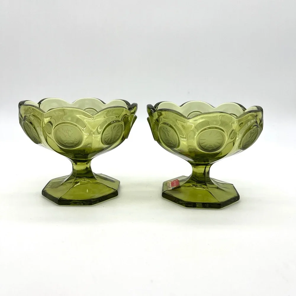 Fostoria Coin Glass Olive Green Compotes Pedestal‎ Candy Dishes Set of 2 - Picture 6 of 9